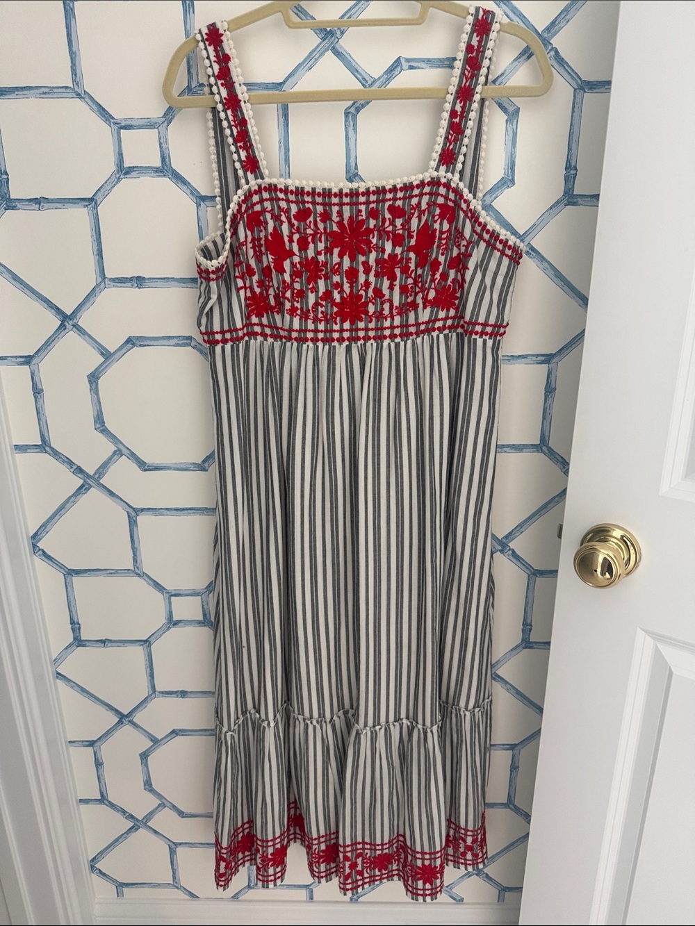 Kate Spade Broome Street Women's Striped Sundress with Red Floral Embroidery